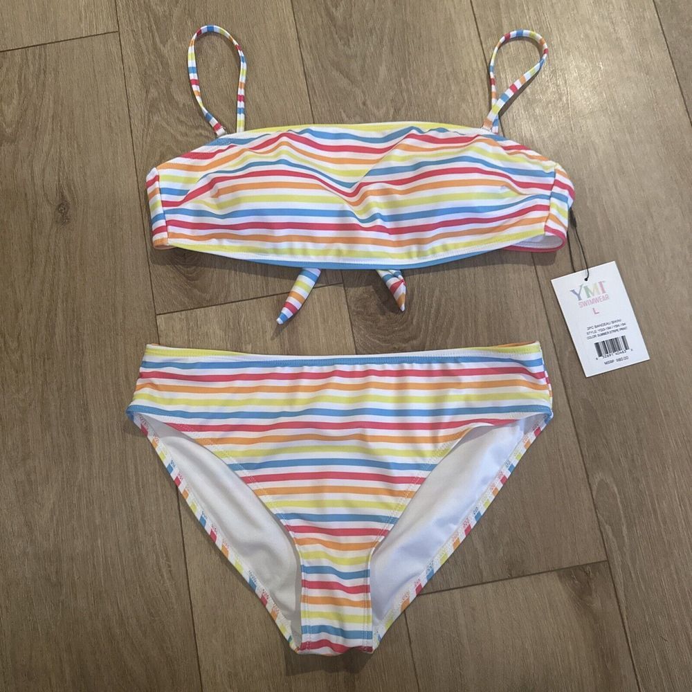 YMI Bandeau Bikini‎ Tie Back Summer Stripe Colorful Fun Large NEW